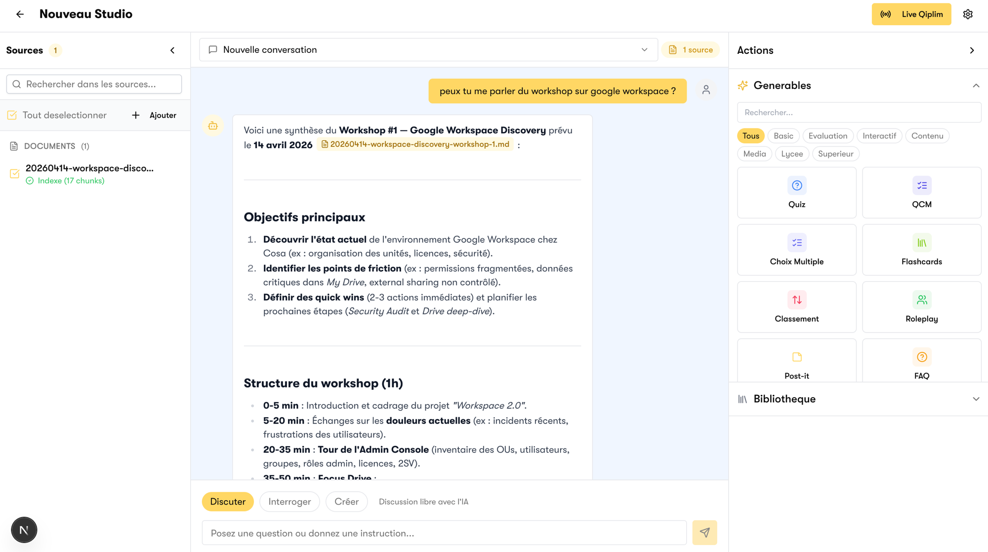 Qiplim Studio interface — 3-panel layout with sources, AI chat, and widget generation